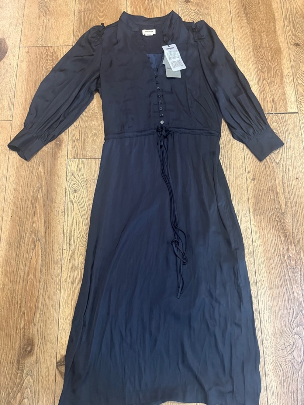 ZAD Navy Long-Sleeve Button Front Midi Dress with Tie Waist